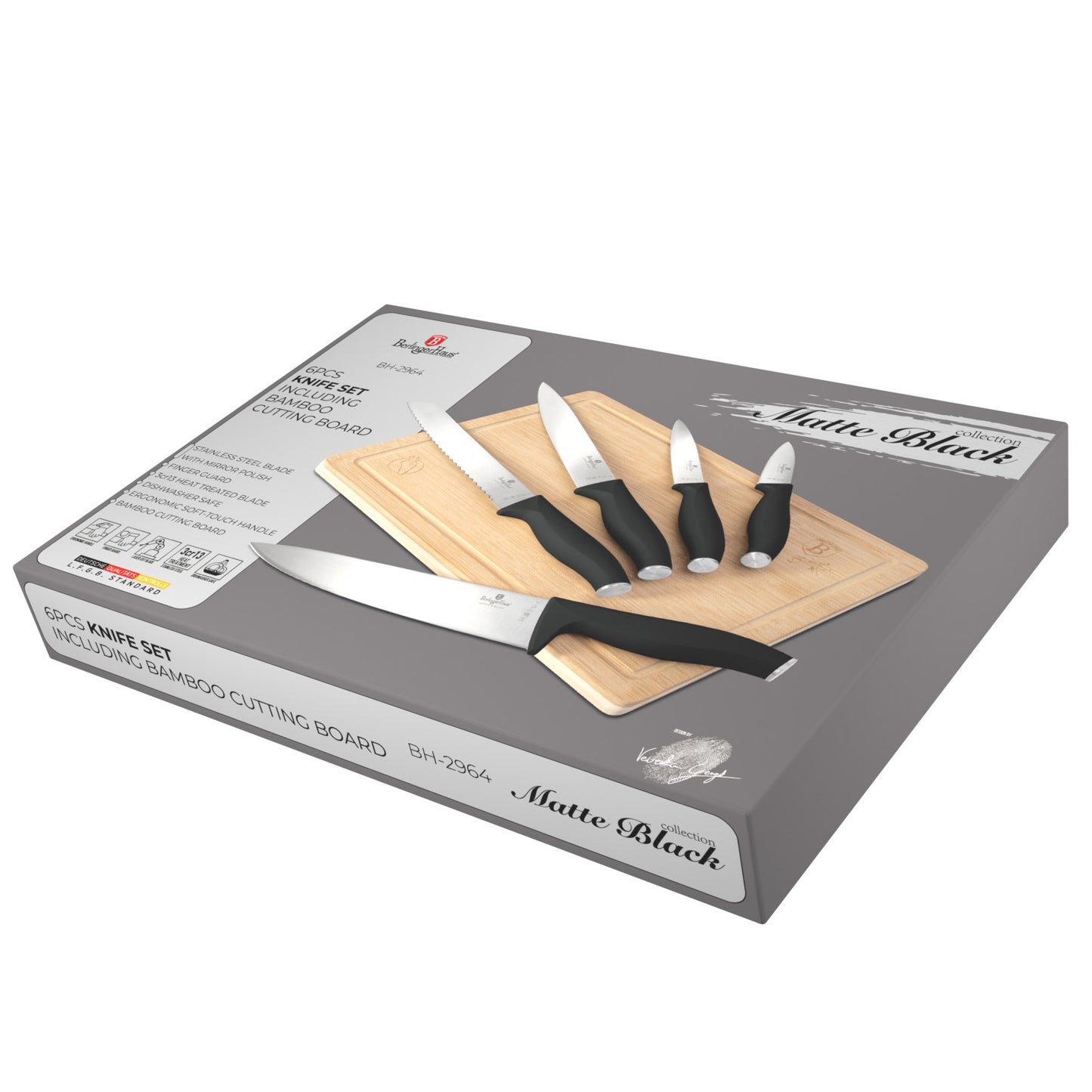 Sada černých nožů Berlinger Haus s bambusovou krájecí deskou